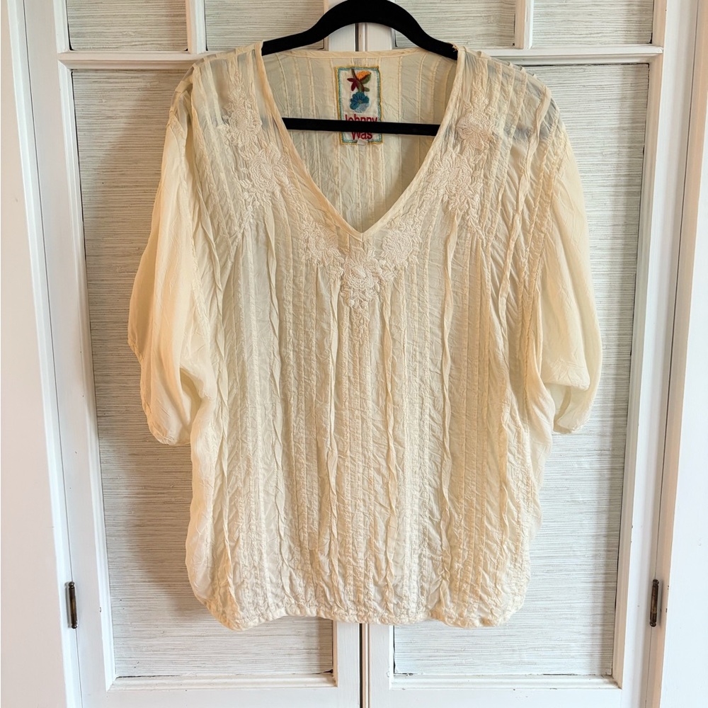 Johnny Was Silk Cream V-Neck Blouse
